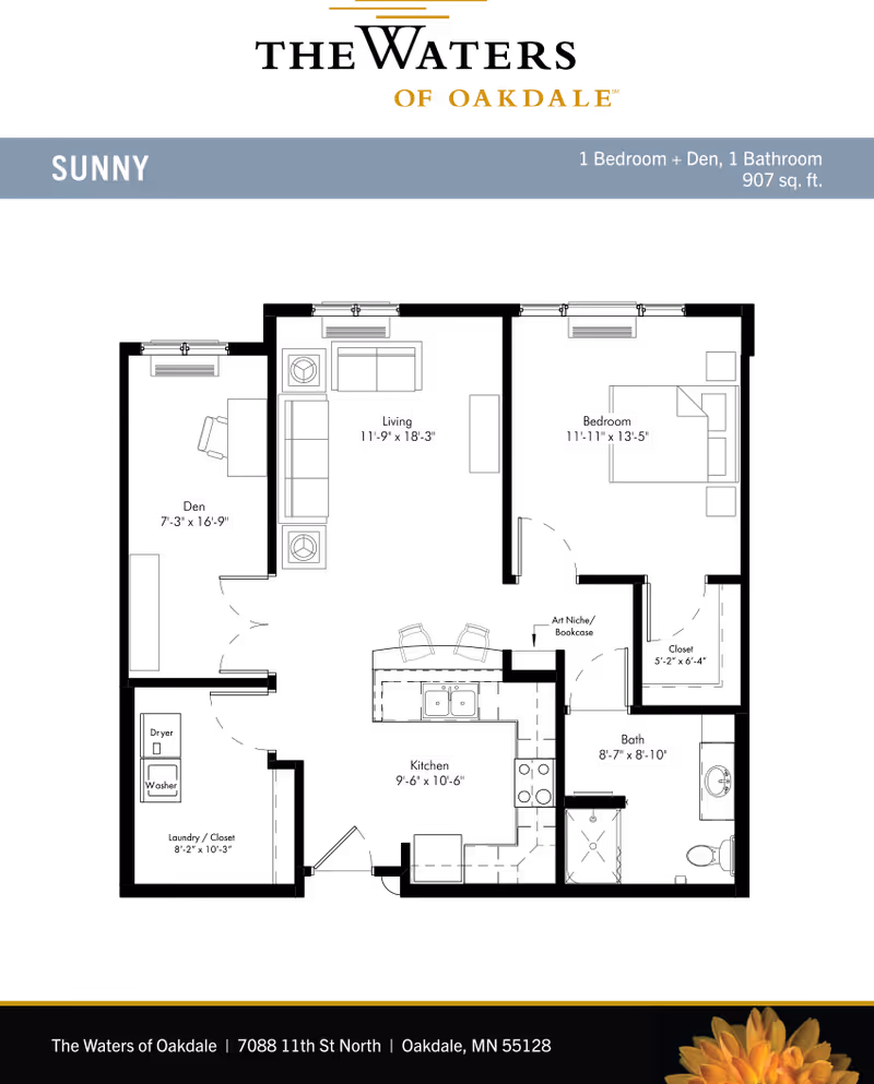 Black-background floor plan titled 'SUNNY' showing a one-bedroom-plus-den layout with labeled living room, bedroom, kitchen, den, and bath.