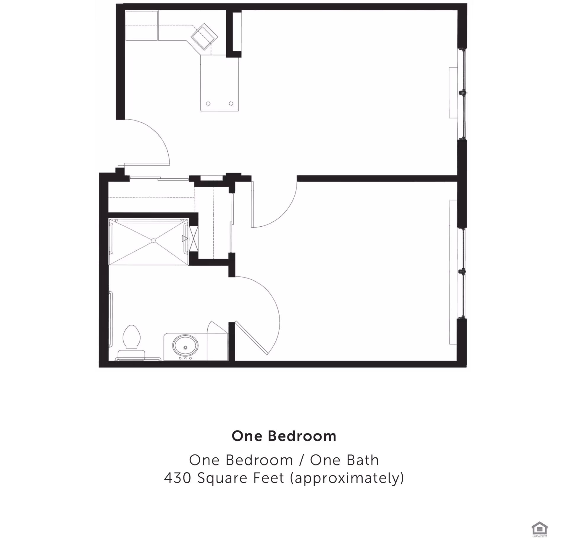 Floor plan layout of a one-bedroom, one-bath apartment approximately 430 square feet, showing a bedroom, bathroom, kitchen area, and living space.