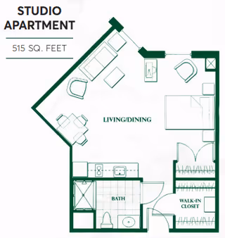 Floor plan of a studio apartment with 515 square feet, showing a combined living and dining area, a kitchen, a bathroom, a walk-in closet, and a sleeping area with a bed and chair.