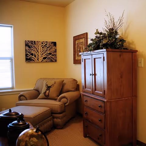 A cozy corner of a living room featuring a cushioned armchair with a deer-themed pillow, a matching ottoman, a wooden cabinet with drawers and doors topped with a decorative plant, and two framed artworks on the wall. A window with blinds allows natural light into the room.