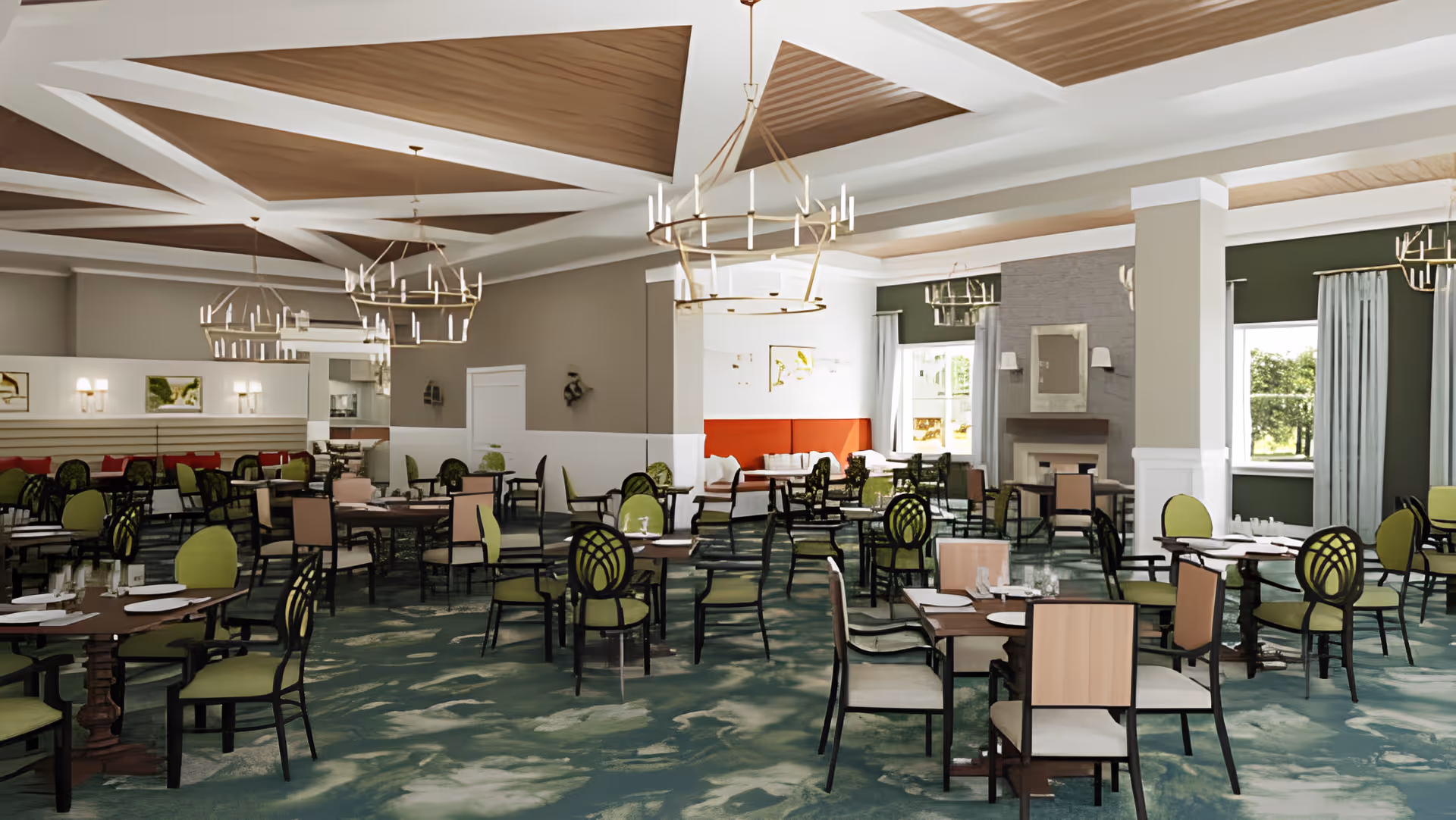 A spacious dining room with multiple tables and chairs arranged neatly. The chairs have green and beige upholstery, and the tables are set with plates and glasses. The room features a decorative ceiling with wooden panels and modern chandeliers. There are large windows with curtains allowing natural light to enter, and a fireplace with a mirror above it is visible on one wall.