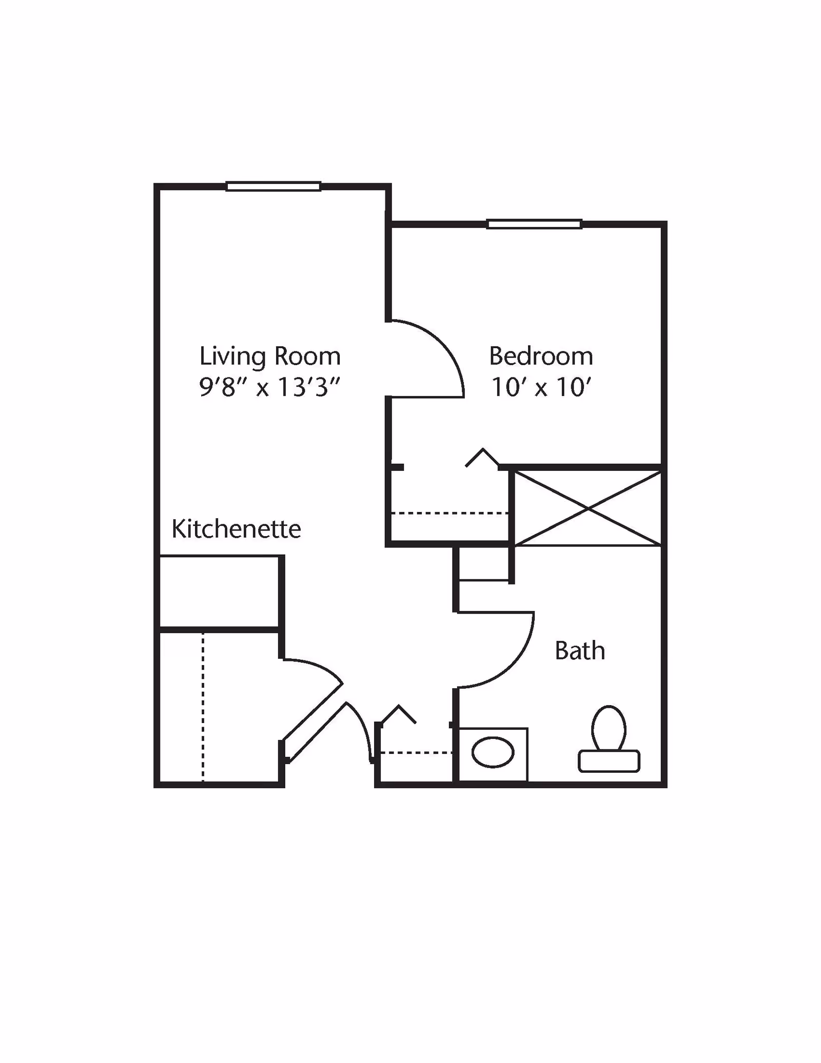 Floor plan layout showing a living room measuring 9 feet 8 inches by 13 feet 3 inches, a bedroom measuring 10 feet by 10 feet, a kitchenette, and a bathroom with a toilet and sink.