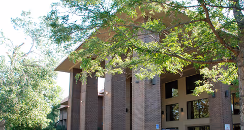 Exterior view of a brick building with large windows and tall columns, partially shaded by green leafy trees under a clear sky.