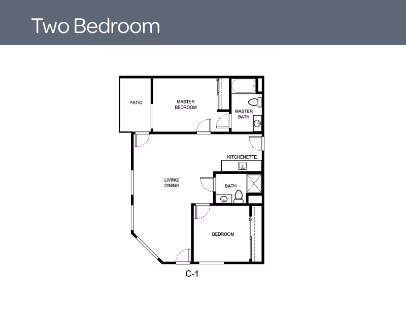 Black-and-white two-bedroom floor plan showing a master bedroom with master bath, a second bedroom, living/dining area, kitchenette, additional bath, and a patio.