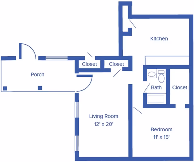 Blue-and-white floor plan of a one-bedroom apartment showing a porch, 12' x 20' living room, 11' x 15' bedroom, kitchen, bathroom, and several closets.