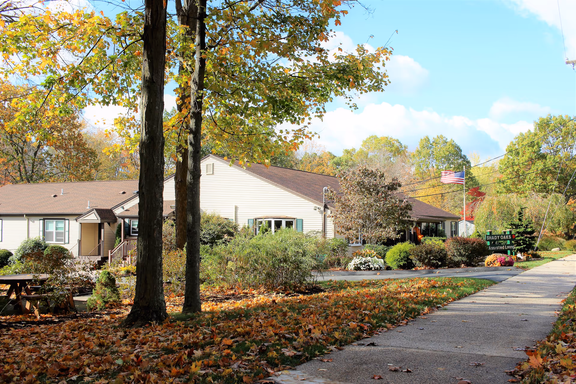 Exterior view of Shady Oaks Assisted Living LLC building surrounded by trees with autumn foliage. A sidewalk leads to the entrance, and an American flag is visible near the facility's sign.