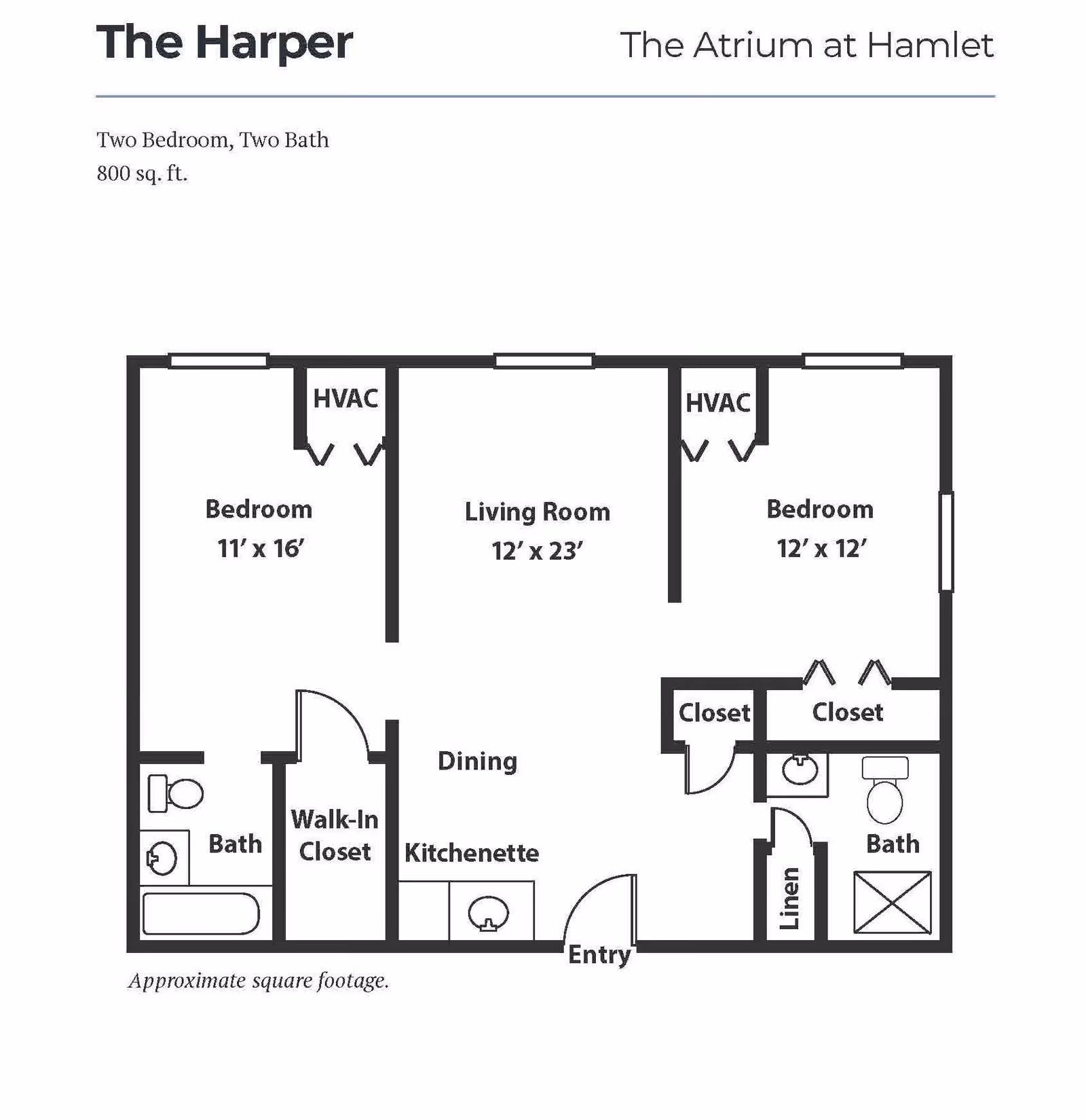 Floor plan titled The Harper at The Atrium at Hamlet, showing a two-bedroom, two-bath apartment with 800 square feet. The layout includes two bedrooms, two bathrooms, a living room, dining area, kitchenette, walk-in closet, closets, linen closet, and HVAC units.