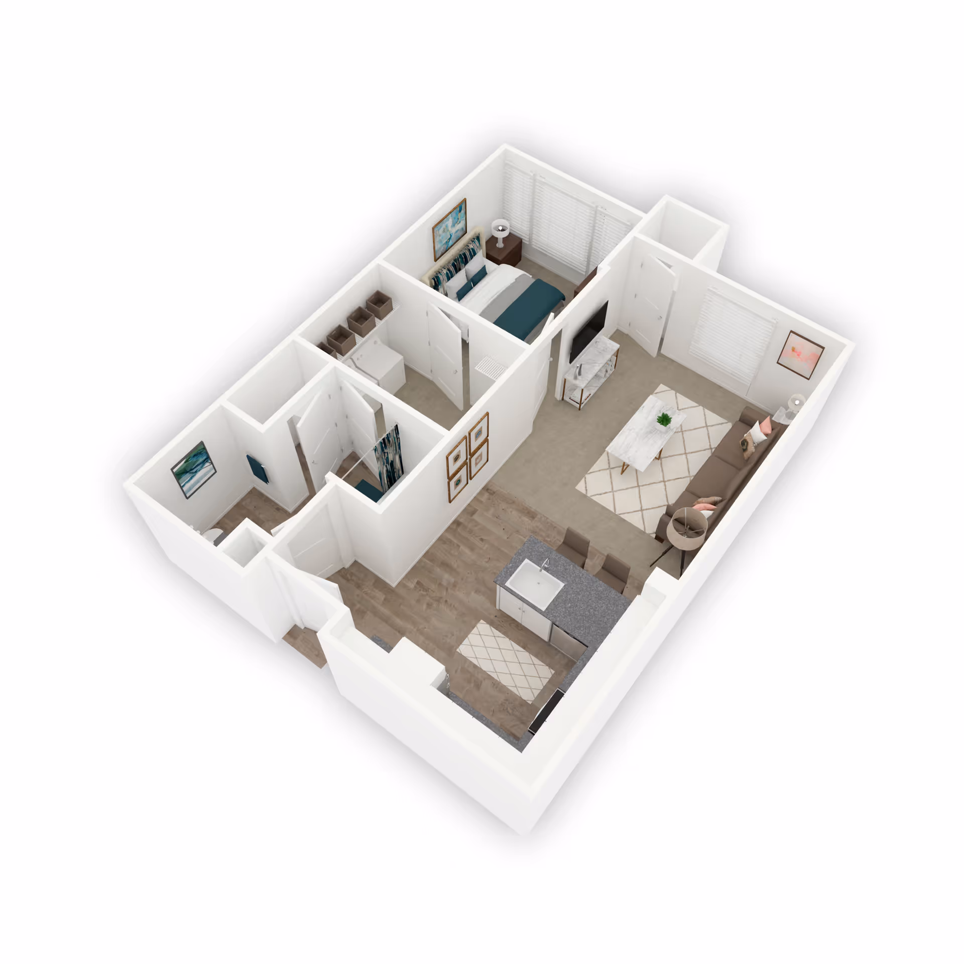 3D floor plan rendering of a one-bedroom apartment showing a living room, kitchen with island, bedroom, bathroom, and entry hallway.