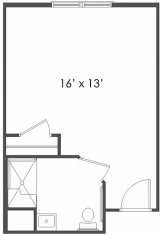 Architectural floor plan showing a 16 by 13 feet room with an attached bathroom that includes a shower, sink, and toilet.