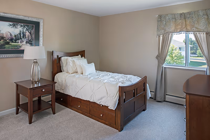 A neatly made single bed with white bedding and multiple pillows in a bedroom. The bed has a wooden frame with storage drawers underneath. Next to the bed is a wooden nightstand with a silver lamp. A framed painting hangs on the beige wall above the nightstand. A window with beige curtains tied back lets in natural light, showing a view of trees and houses outside. A wooden dresser is partially visible on the right side of the image.