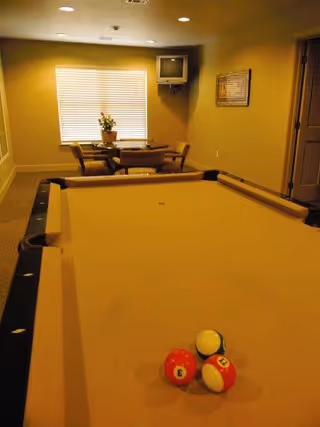 Interior room with a pool table in the foreground featuring three billiard balls, a small round table with four chairs near a window with blinds, a potted plant on the table, a wall-mounted TV in the corner, and a framed picture on the wall.