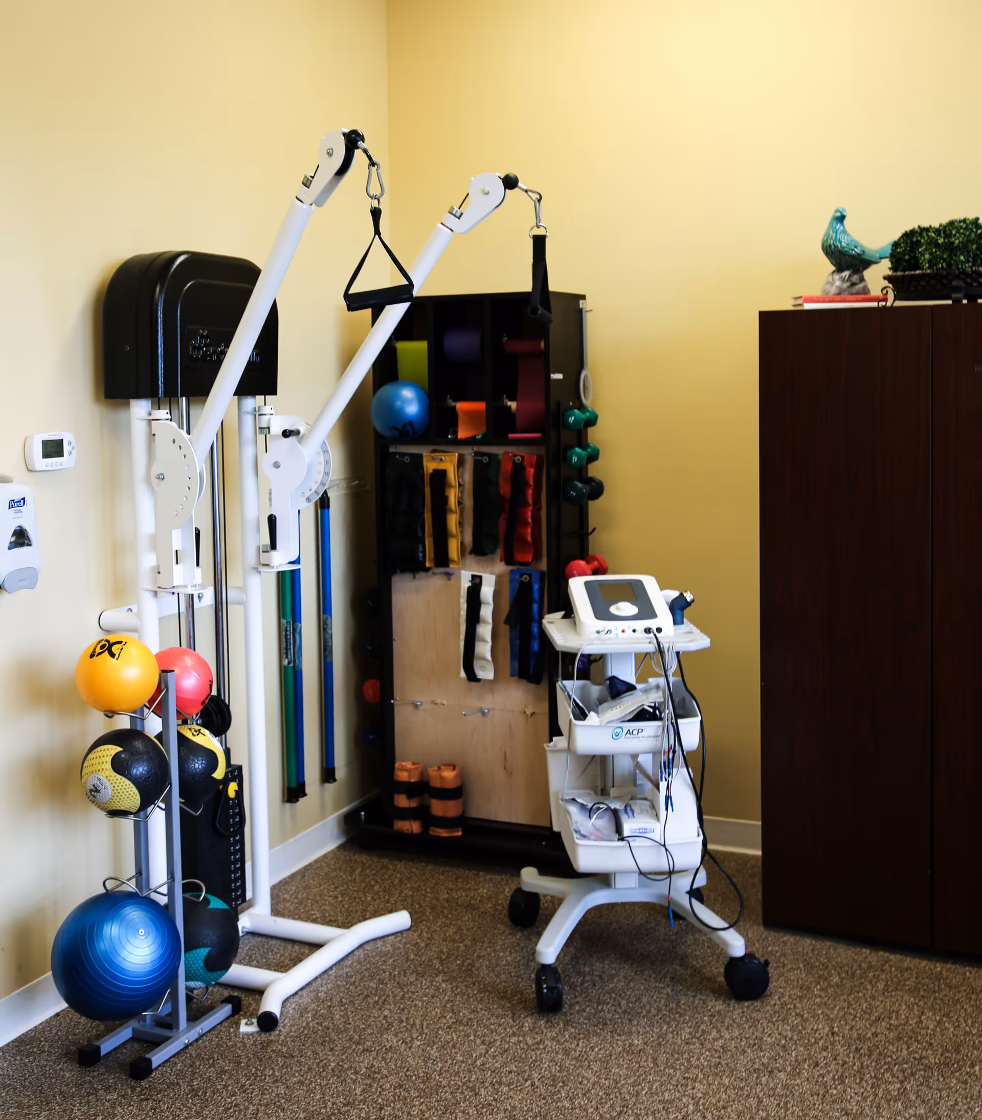 A small therapy room with exercise equipment including resistance bands, medicine balls, a pulley machine, and a mobile medical cart against a yellow wall.