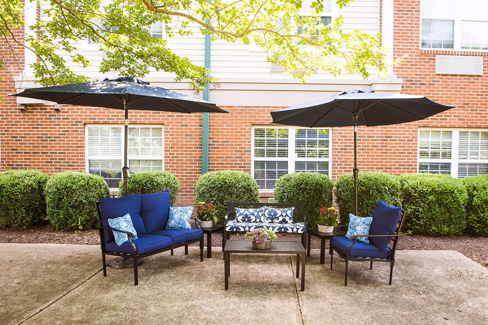 Outdoor seating area with two black umbrellas, blue cushioned chairs, a bench with patterned cushions, a coffee table with a flower pot, and two side tables with flower pots. The area is paved and bordered by green bushes in front of a brick building with white-framed windows.
