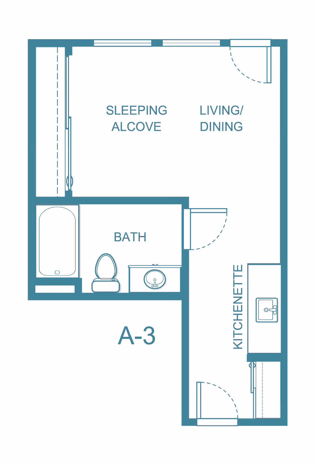 Floor plan labeled A-3 showing a layout with a sleeping alcove, living/dining area, bath with bathtub, toilet, and sink, and a kitchenette with a sink and counter space.