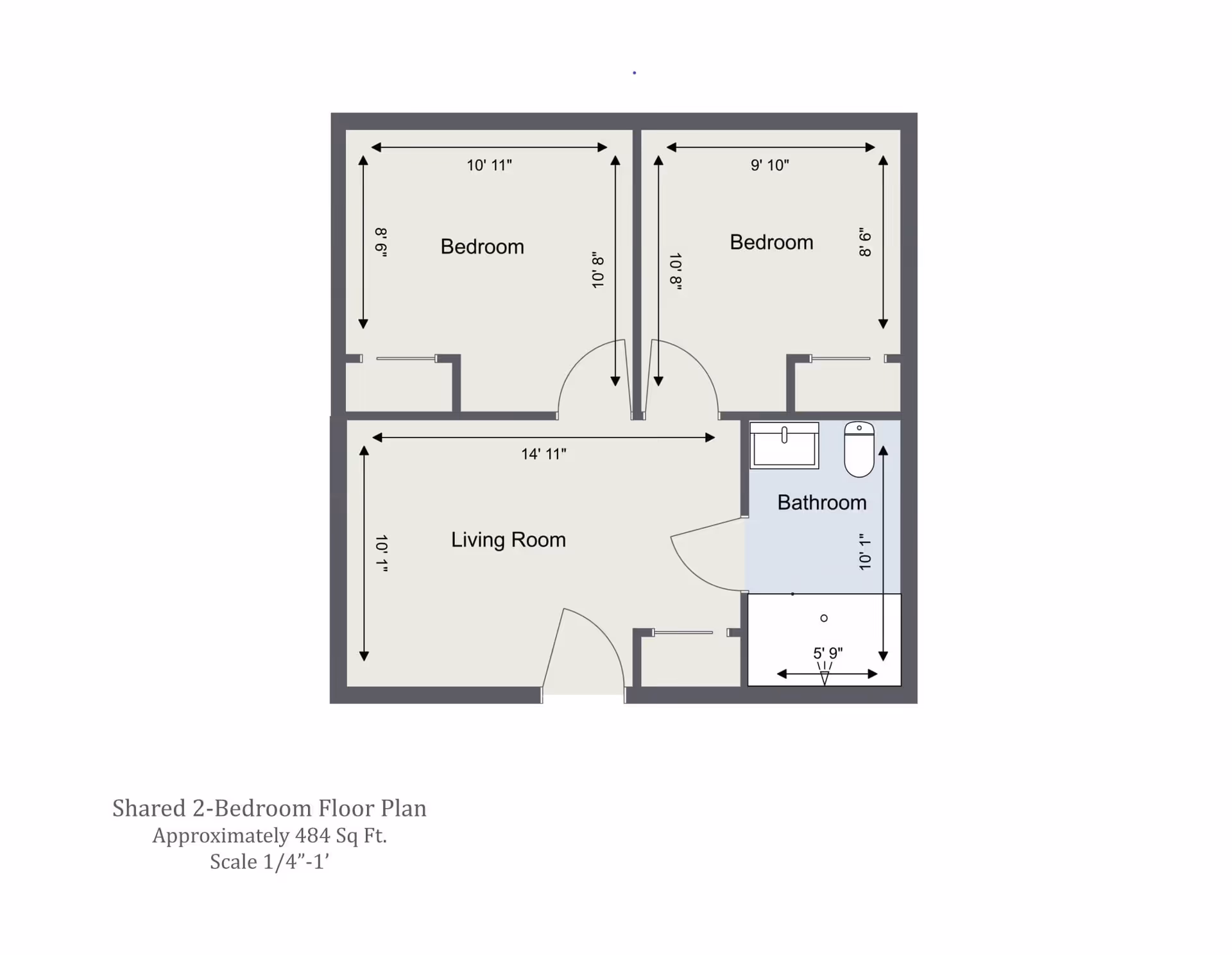 Floor plan of a shared 2-bedroom apartment with approximate area of 484 square feet. The layout includes two bedrooms, a living room, and a bathroom. Dimensions for each room are provided: the first bedroom is 10 feet 11 inches by 8 feet 6 inches, the second bedroom is 9 feet 10 inches by 8 feet 6 inches, the living room is 14 feet 11 inches by 10 feet 11 inches, and the bathroom is 10 feet 1 inch by 5 feet 9 inches. The scale is 1/4 inch equals 1 foot.