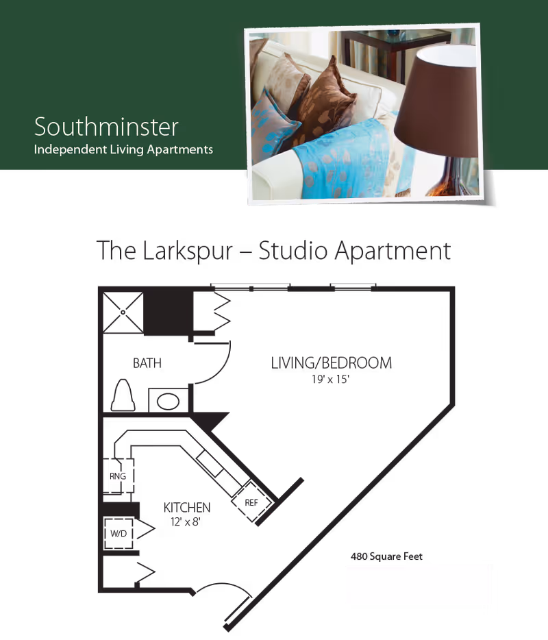 Floor plan of The Larkspur studio apartment at Southminster Independent Living Apartments, showing a combined living and bedroom area measuring 19 by 15 feet, a kitchen area measuring 12 by 8 feet with labeled spaces for range and refrigerator, a bathroom, and a washer/dryer area. The total area is 480 square feet. There is also a small photo of a white couch with blue and brown pillows and a brown lamp on a side table.