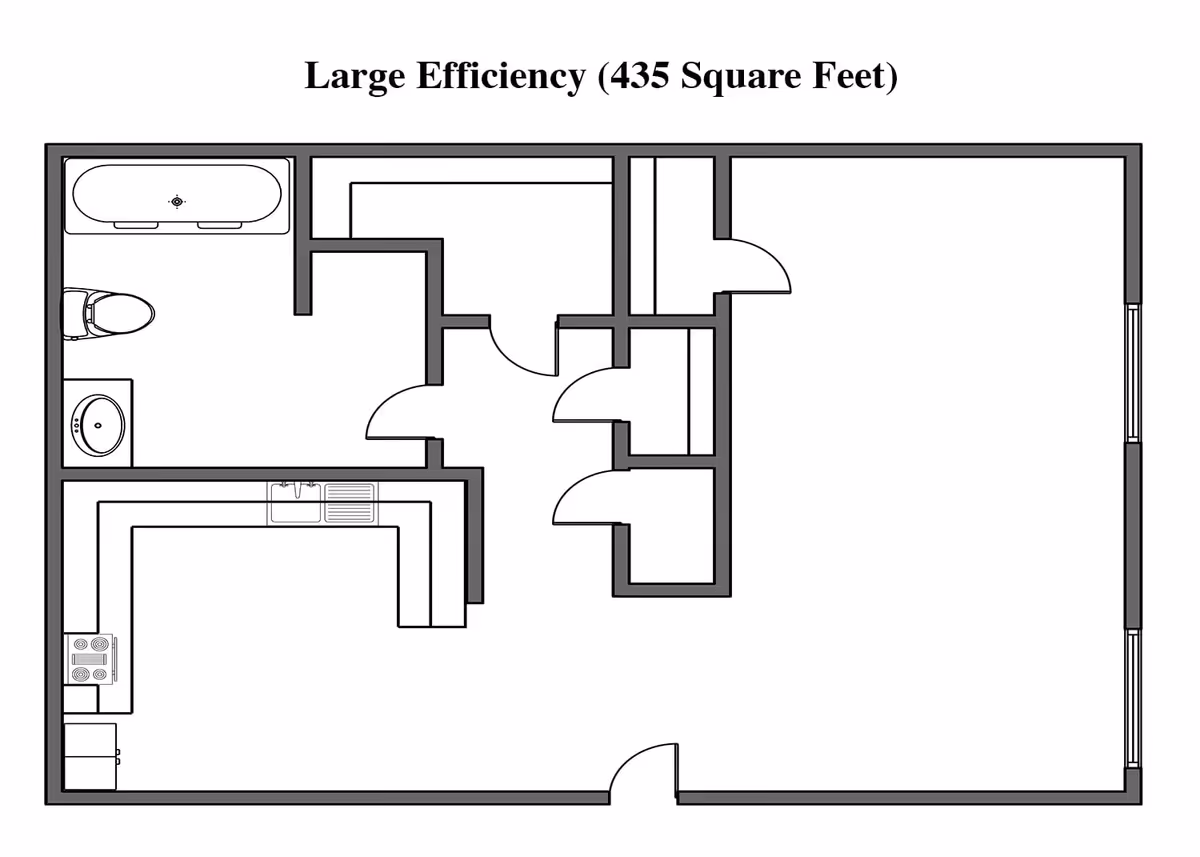 Floor plan layout of a large efficiency apartment measuring 435 square feet, showing a combined living and kitchen area, a bathroom with a bathtub, toilet, and sink, and several closets.