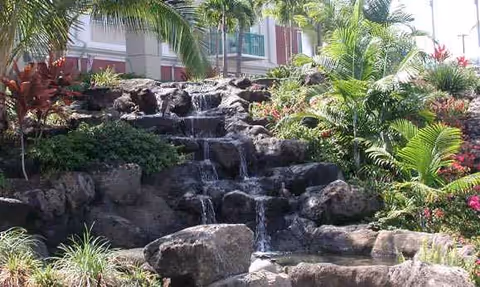 Rock waterfall feature with cascading water, tropical plants, and building exterior in background.