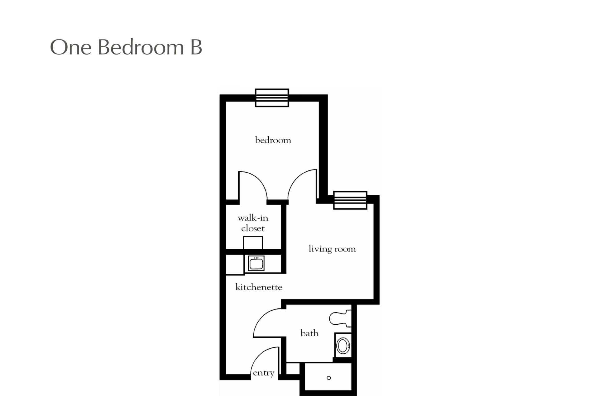Floor plan labeled One Bedroom B showing a layout with a bedroom, walk-in closet, kitchenette, living room, bath, and entry area.