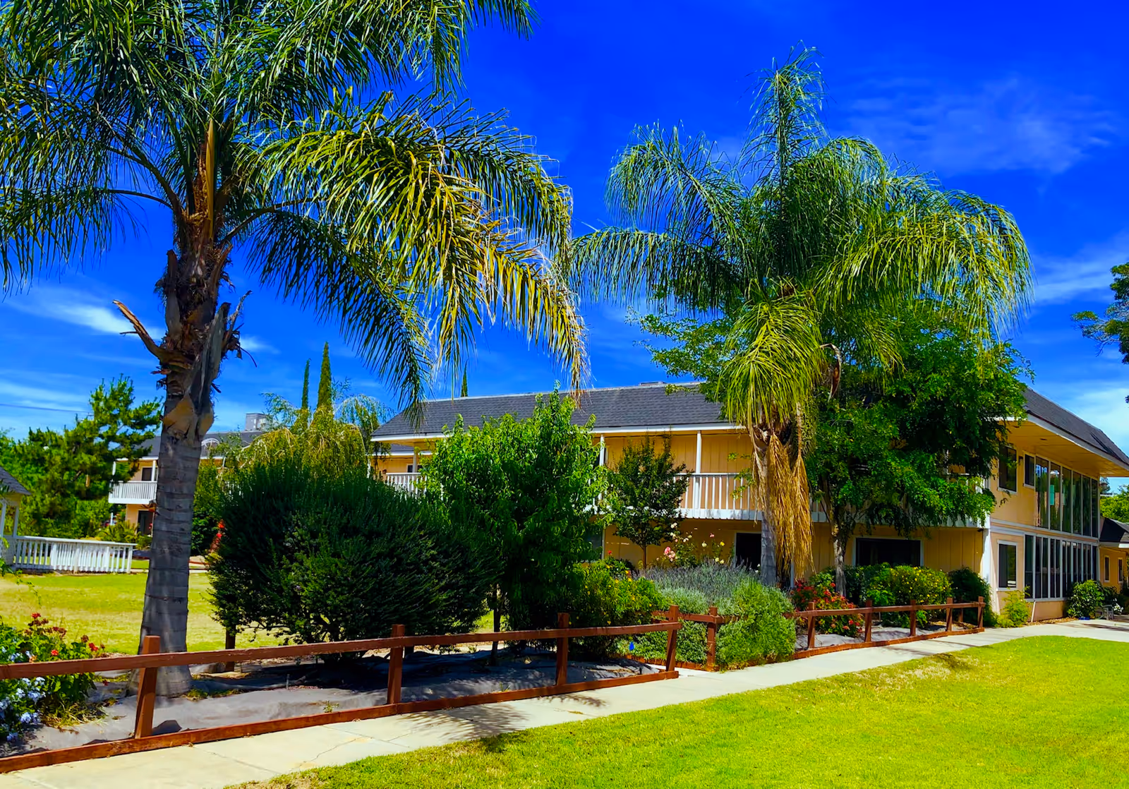 Exterior view of a two-story building surrounded by lush greenery including palm trees and bushes under a bright blue sky with some clouds.