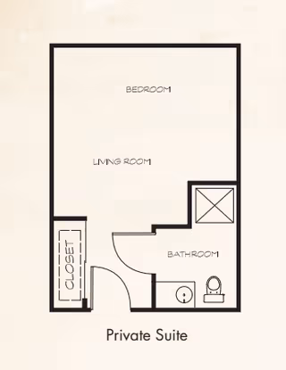 Floor plan of a private suite showing a combined bedroom and living room area, a bathroom with a sink, toilet, and shower, and a closet near the entrance.