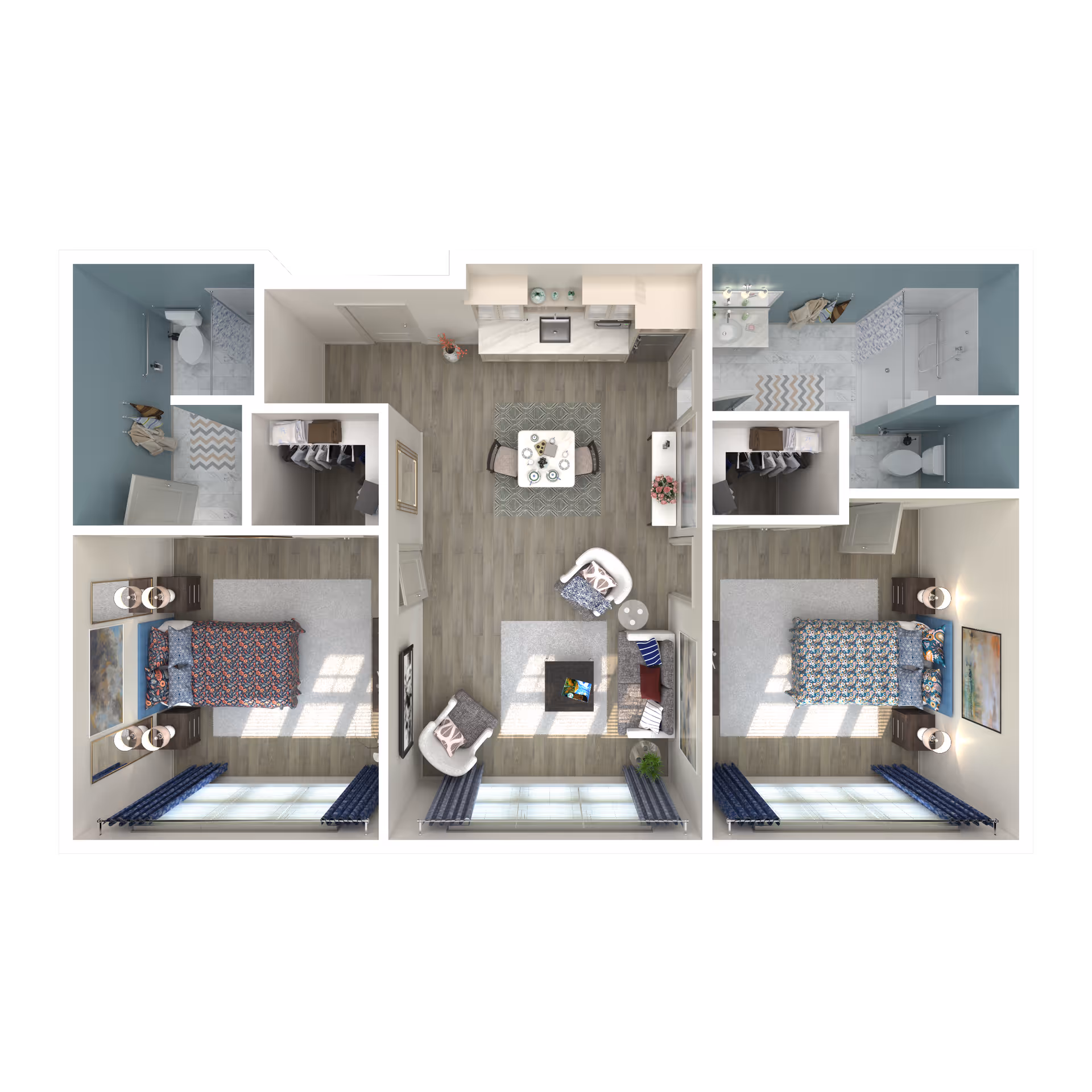 3D floor plan of an apartment with two bedrooms, two bathrooms, a kitchen, dining area, and living room. Each bedroom has a bed, nightstands, and windows with blue curtains. The kitchen includes cabinets, a sink, and appliances. The living room has a sofa, chairs, and a coffee table. Both bathrooms have a toilet, sink, and shower.