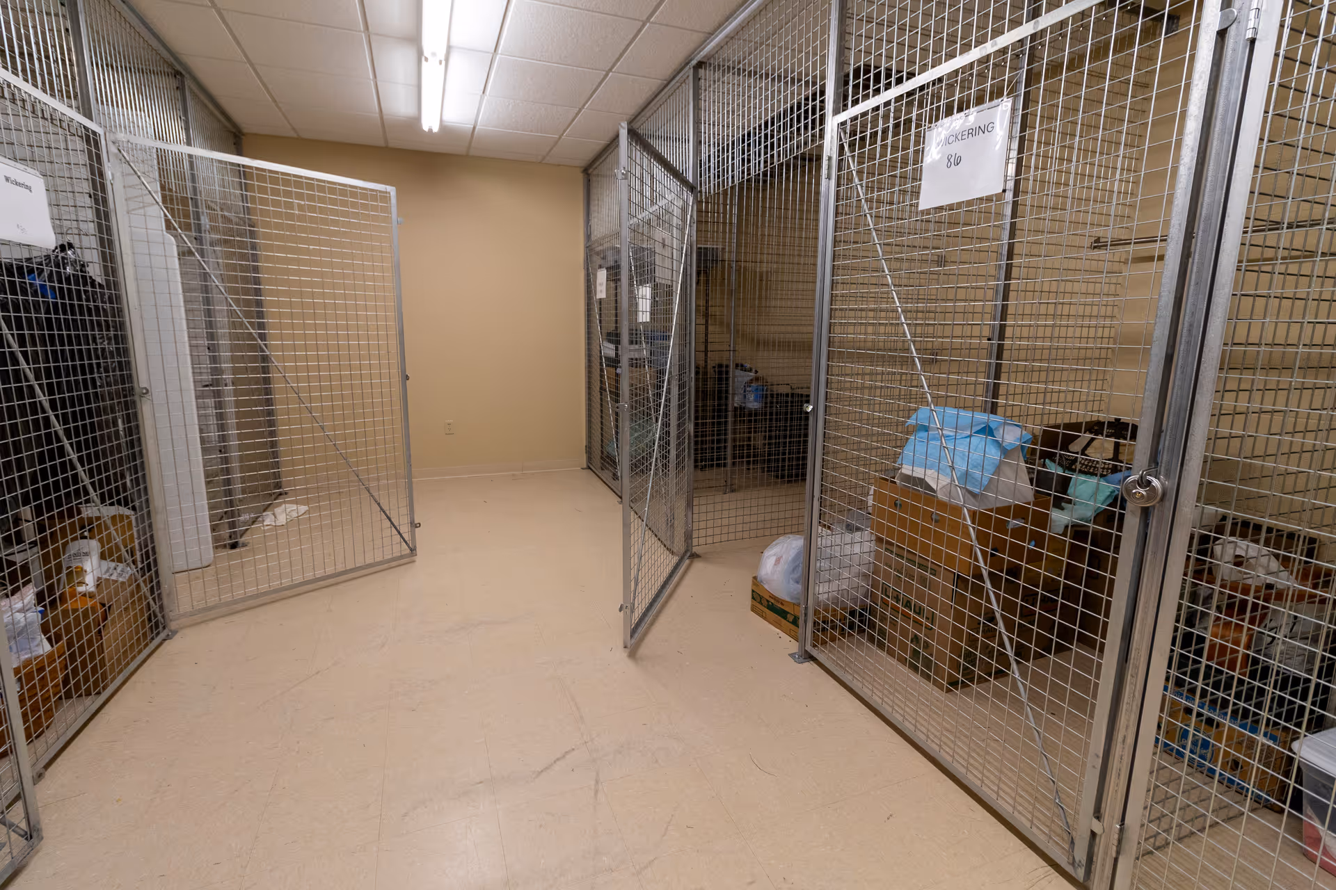 Room with multiple metal wire storage cages holding boxes and personal items.