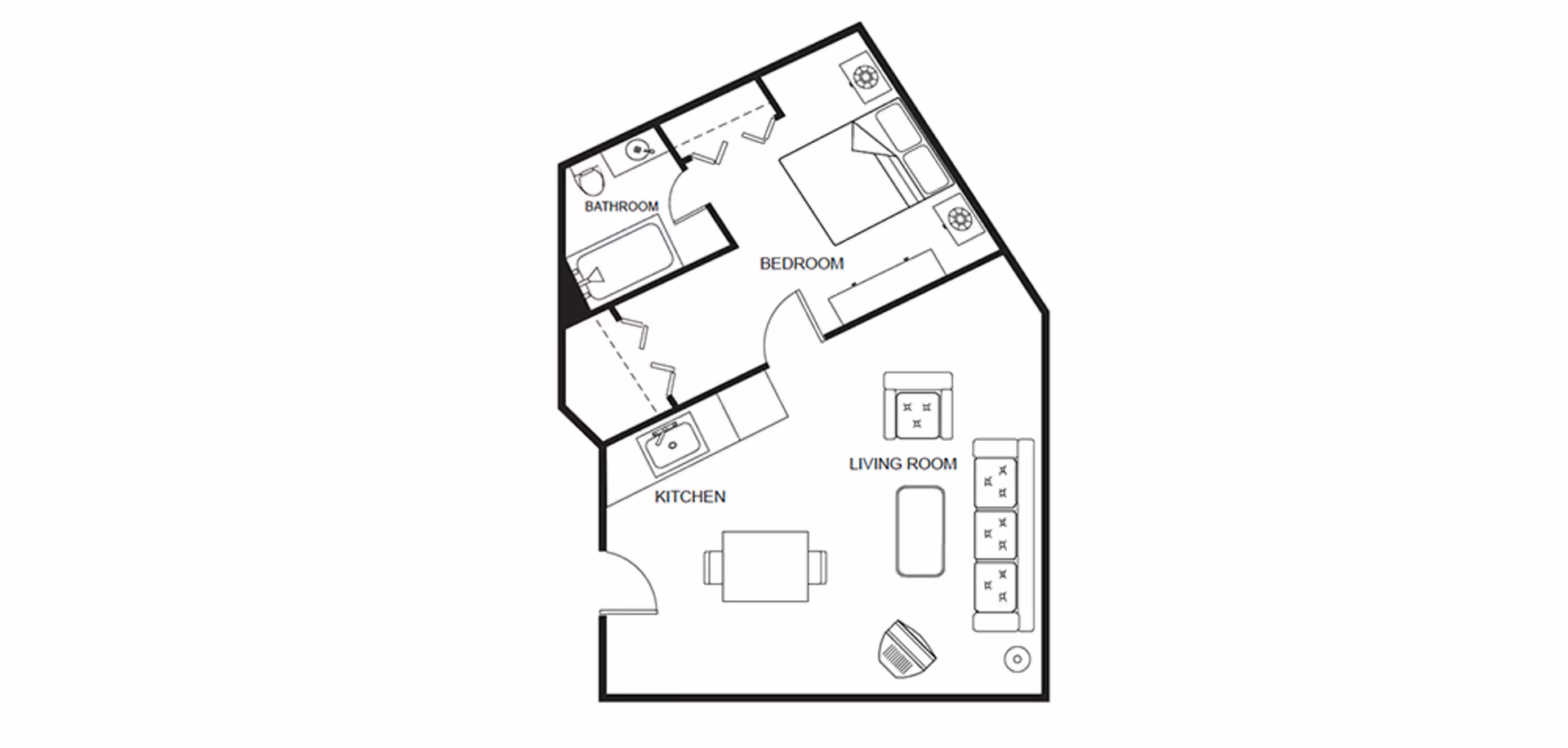 Black-and-white floor plan of a one-bedroom apartment showing a kitchen, living room, bedroom, and bathroom with furniture layout.