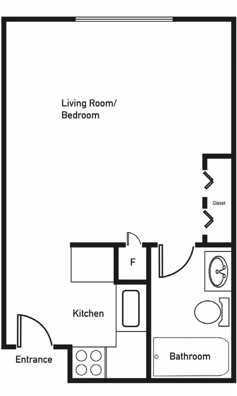 Black-and-white floor plan of a studio-style apartment showing a combined living room/bedroom, a kitchen by the entrance, a bathroom, and a closet.
