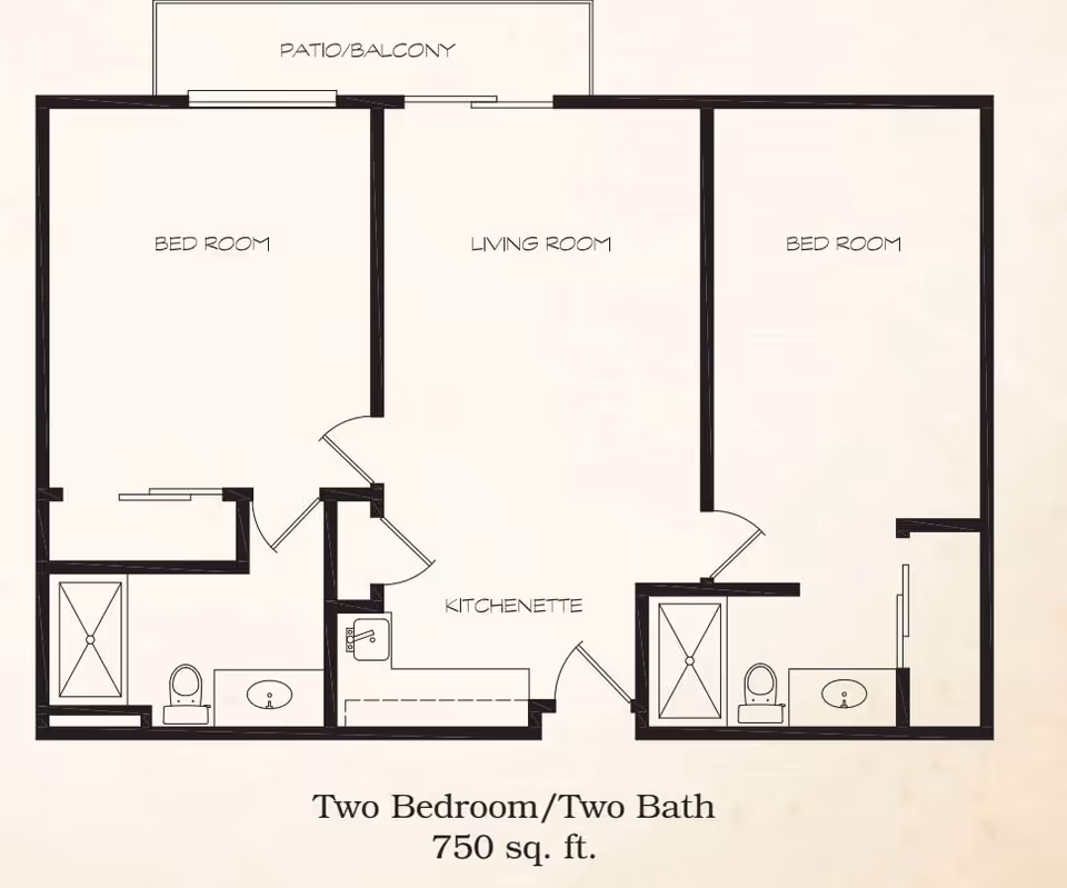 Floor plan of a two-bedroom, two-bath apartment with a kitchenette, living room, and patio/balcony, totaling 750 square feet.