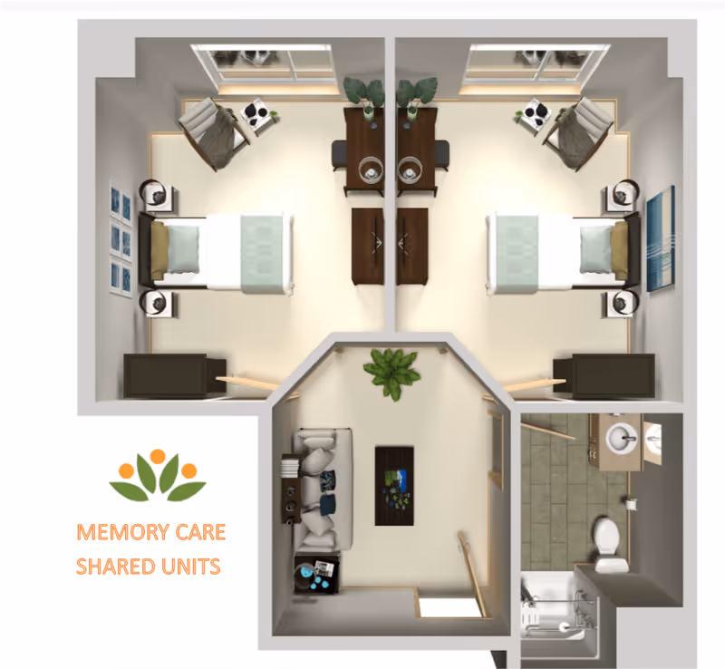 Floor plan of a memory care shared unit with two bedrooms, each containing a bed, nightstands, a chair, and a dresser. The bedrooms share a central living area with a sofa, coffee table, and side table. There is a bathroom with a toilet, sink, and shower accessible from the living area. The layout is symmetrical with windows in each bedroom.