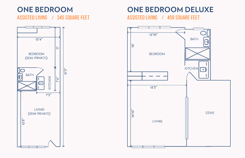 Architectural floor plans for Cambridge Court Assisted Living showing two layouts: One Bedroom with 345 square feet including a semi-private bedroom, bath, kitchen, and living area; and One Bedroom Deluxe with 459 square feet including a bedroom, bath, kitchen, living area, and a cove.