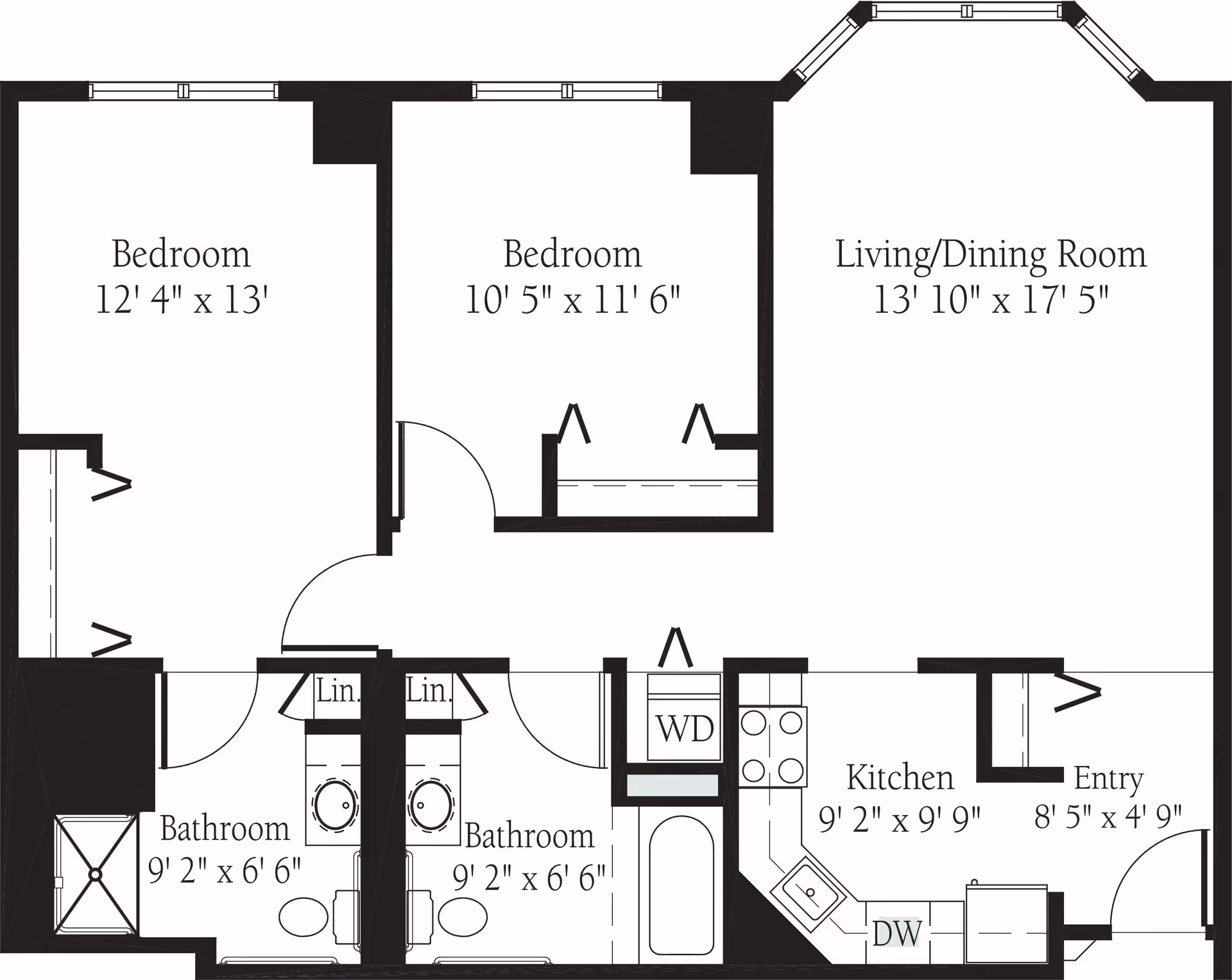 Floor plan of a residential unit at Lake Barrington Woods showing two bedrooms, two bathrooms, a combined living and dining room, a kitchen, and an entry area. The bedrooms measure 12'4" x 13' and 10'5" x 11'6". Both bathrooms measure 9'2" x 6'6" and include linen closets. The living/dining room measures 13'10" x 17'5". The kitchen measures 9'2" x 9'9" and includes a dishwasher and washer/dryer area.