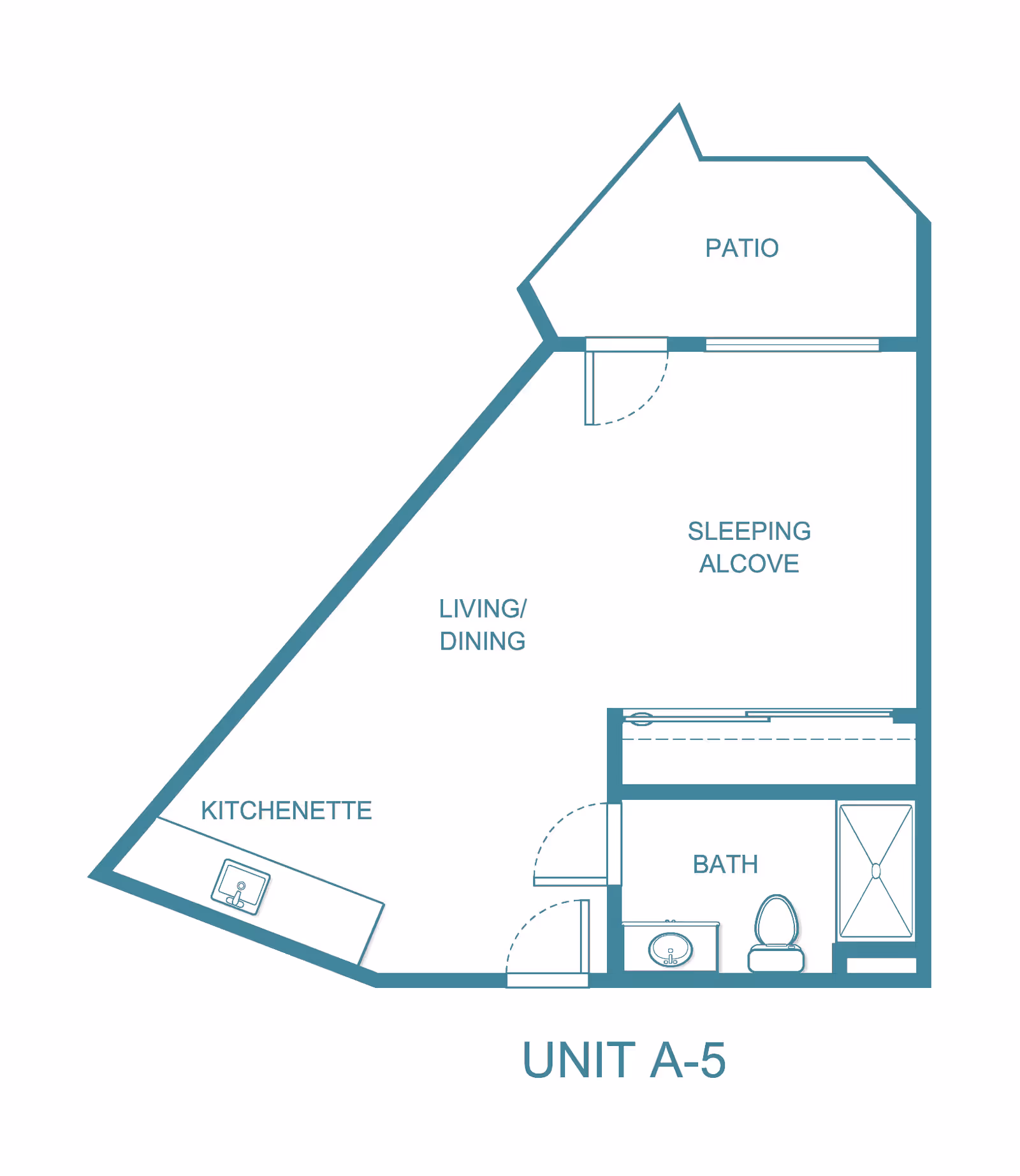 Floor plan of Unit A-5 at Arlington Plaza - Sky Active Living, showing a kitchenette, living/dining area, sleeping alcove, bath with sink, toilet, and shower, and a patio.