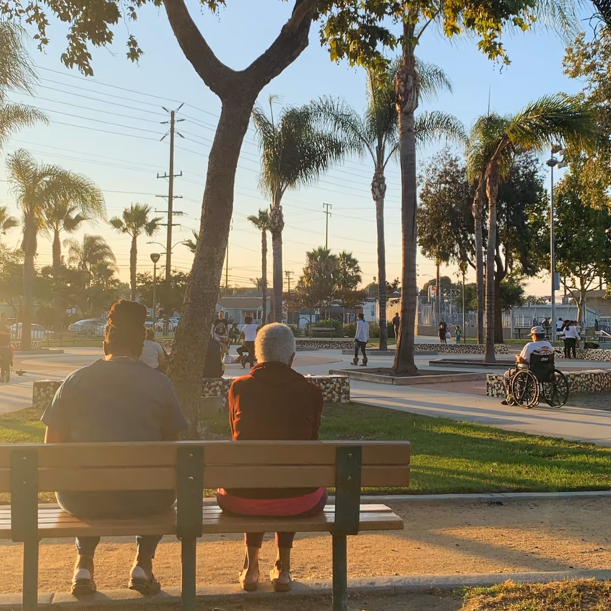 Two elderly individuals sitting on a wooden bench in a park during sunset, with palm trees and other people walking and sitting in the background, including a person in a wheelchair.