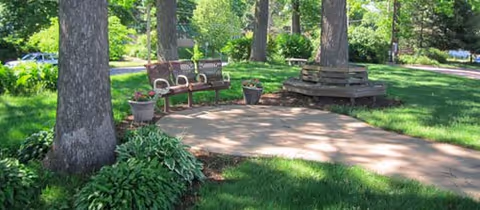 Shaded outdoor garden area with mature trees, a circular bench around one tree, additional benches, potted plants, and a paved walkway.