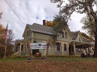Exterior view of a large, two-story green house with a porch and multiple windows, surrounded by trees and a lawn with autumn leaves. An American flag is visible on the left side of the image.