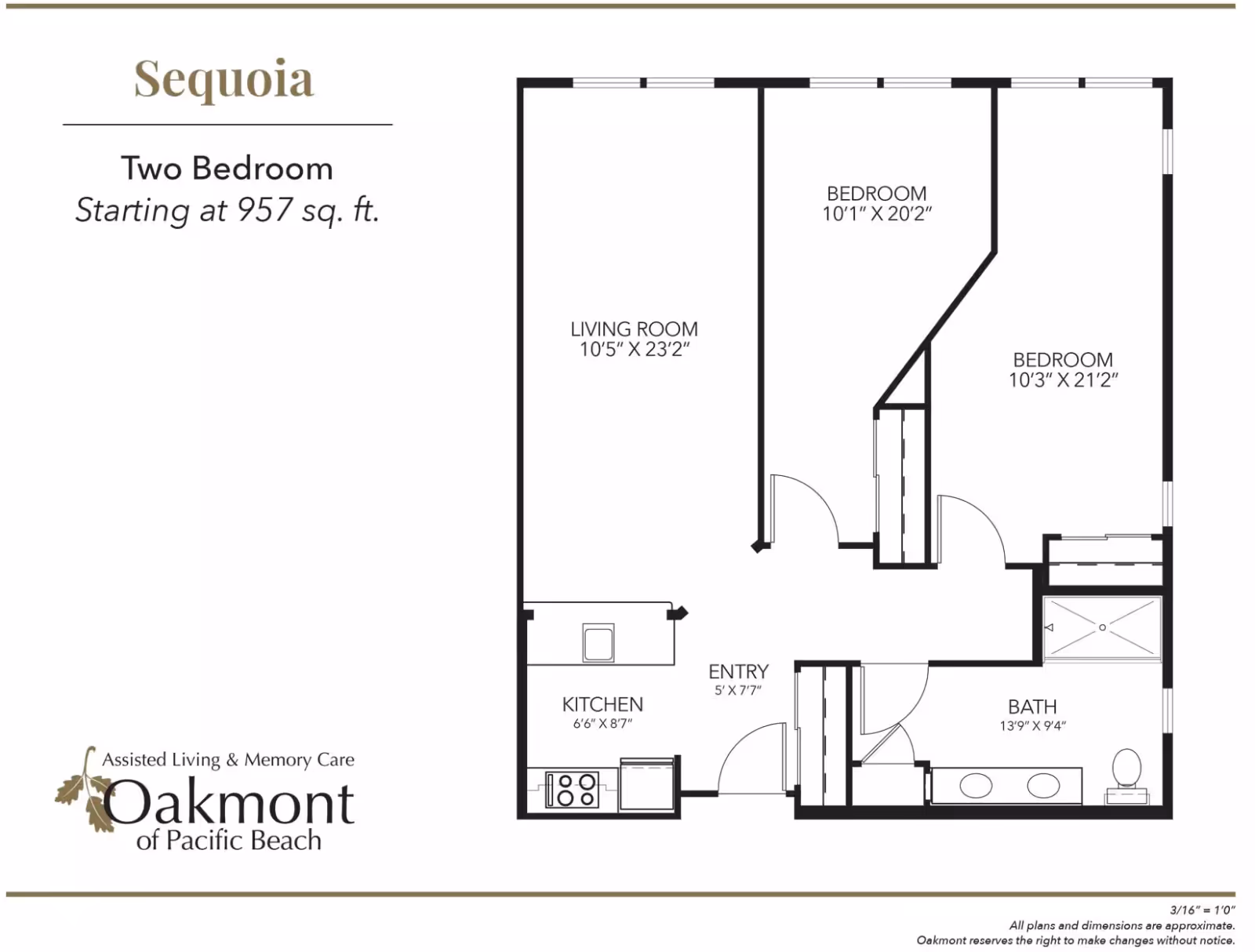 Floor plan diagram for the Sequoia two-bedroom apartment at Oakmont of Pacific Beach showing living room, two bedrooms, kitchen, bath, and entry.