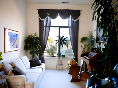 A cozy living room with a white sofa and a brown armchair. There are several green plants around the room, including one near a large window with dark curtains. A piano is positioned on the right side of the room with a wooden bench in front of it. A framed picture hangs on the left wall.