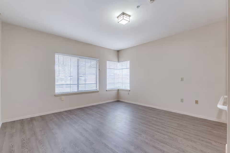 Empty bright room with two windows, gray wood-look flooring, and a ceiling light.