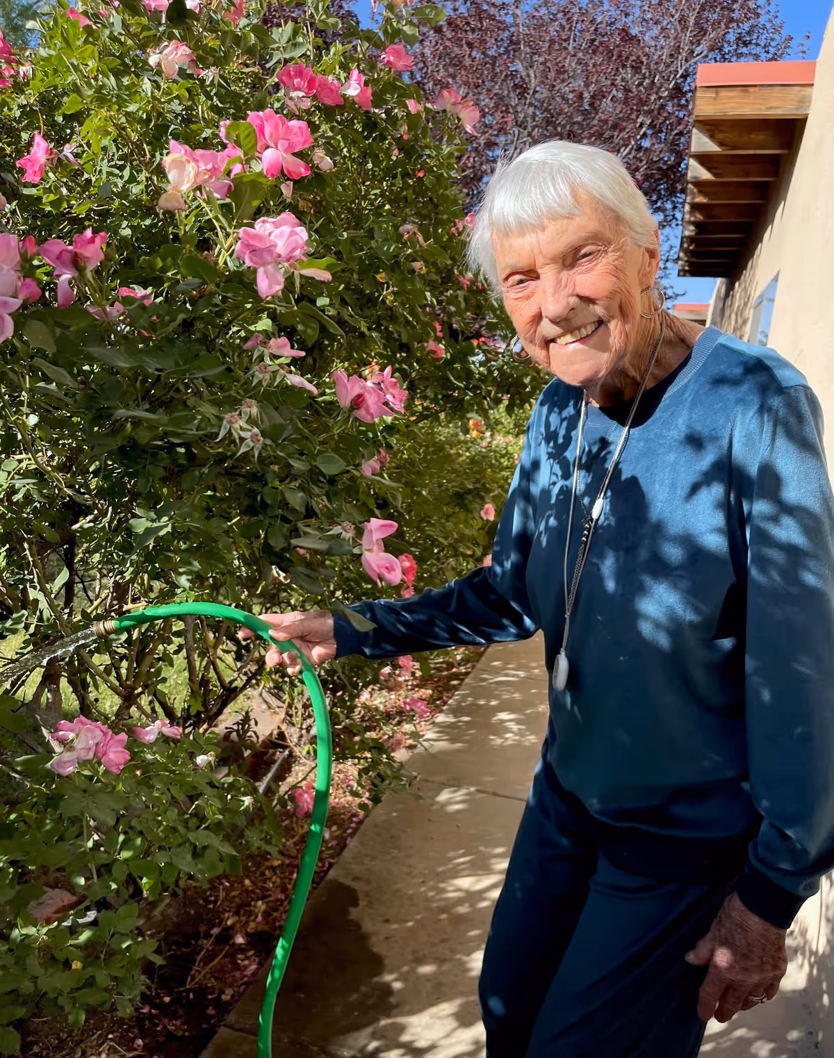An elderly woman with short white hair wearing a blue long-sleeve shirt and dark pants is watering pink flowers with a green garden hose outside on a sunny day. She is smiling and standing on a concrete pathway next to a building with a wooden roof edge.