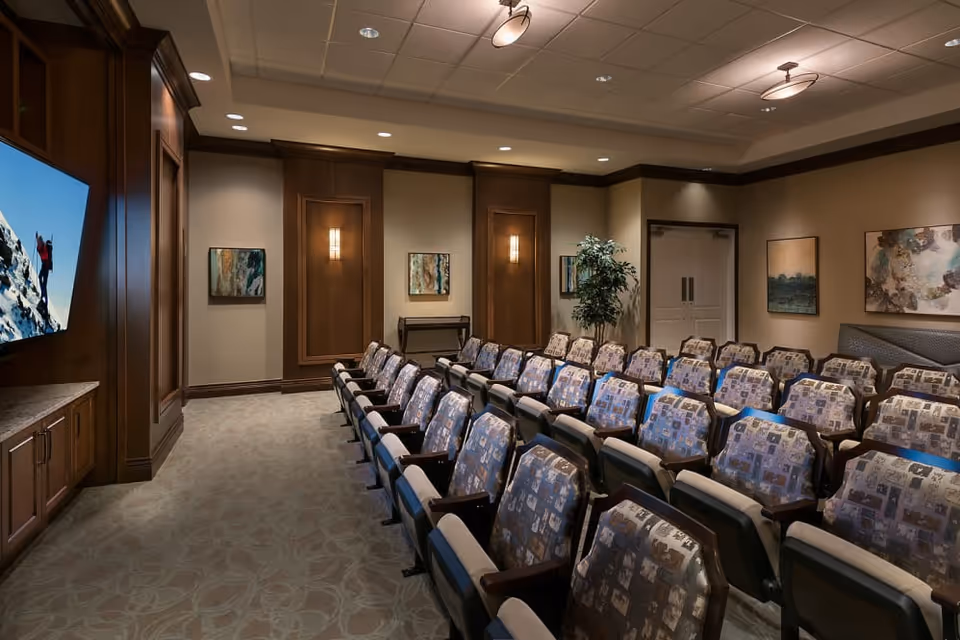 A comfortable screening/presentation room with rows of patterned armchairs facing a large wall-mounted TV and wood-paneled walls.