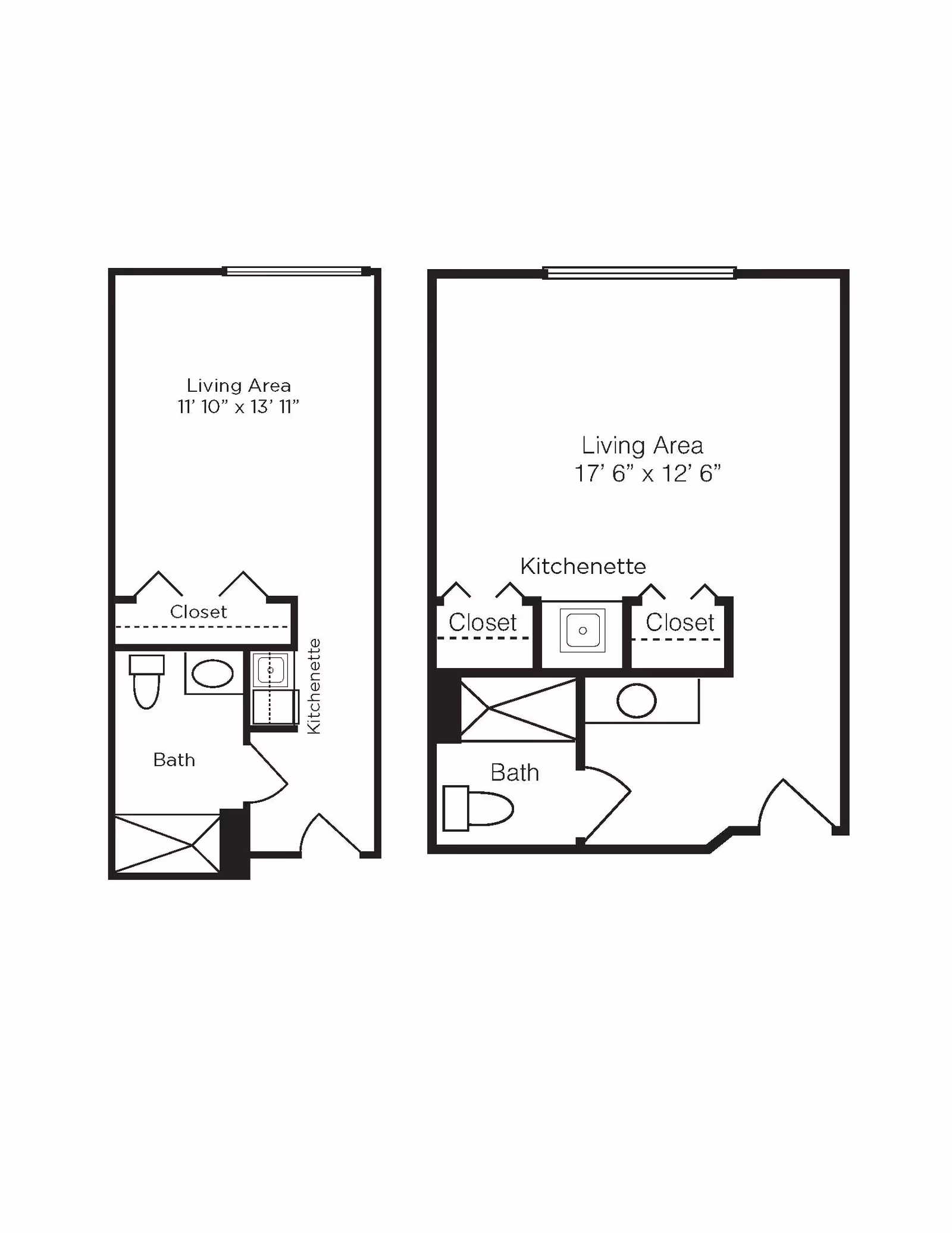 Floor plan showing two studio apartment layouts at Brookdale Tarpon Springs. Each layout includes a living area, kitchenette, bath, and closets. The left layout has a living area measuring 11' 10" x 13' 11" with one closet, kitchenette, and bath. The right layout has a larger living area measuring 17' 6" x 12' 6" with two closets, kitchenette, and bath.