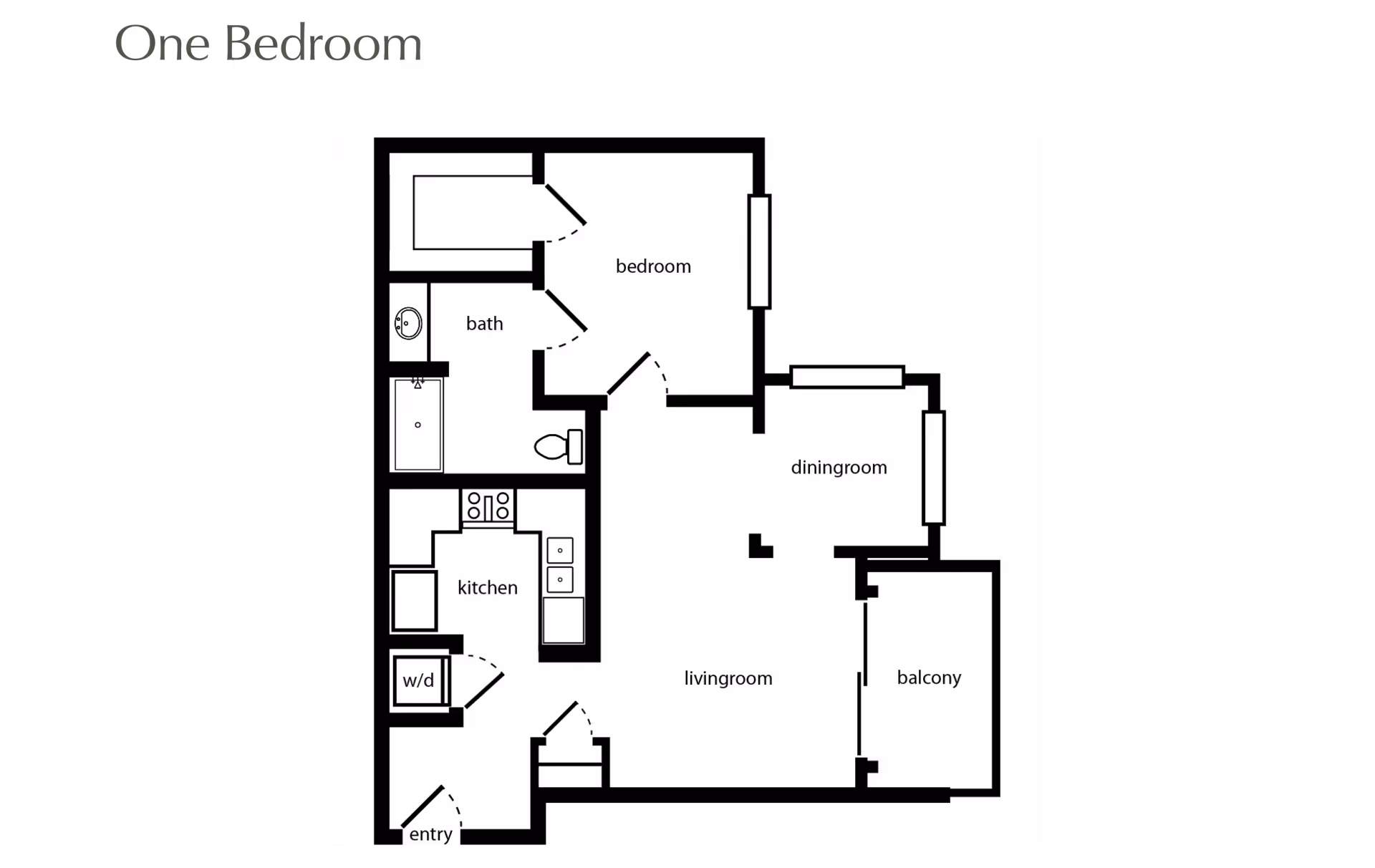 Floor plan of a one-bedroom apartment showing an entry, kitchen, washer/dryer area, bathroom, bedroom, dining room, living room, and balcony.