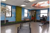 Interior room with blue walls and large windows featuring a small indoor putting green with artificial grass, a miniature golf ramp, two artificial trees, a bench, and exercise equipment including a stationary bike. The ceiling has a decorative circular stained glass light fixture.