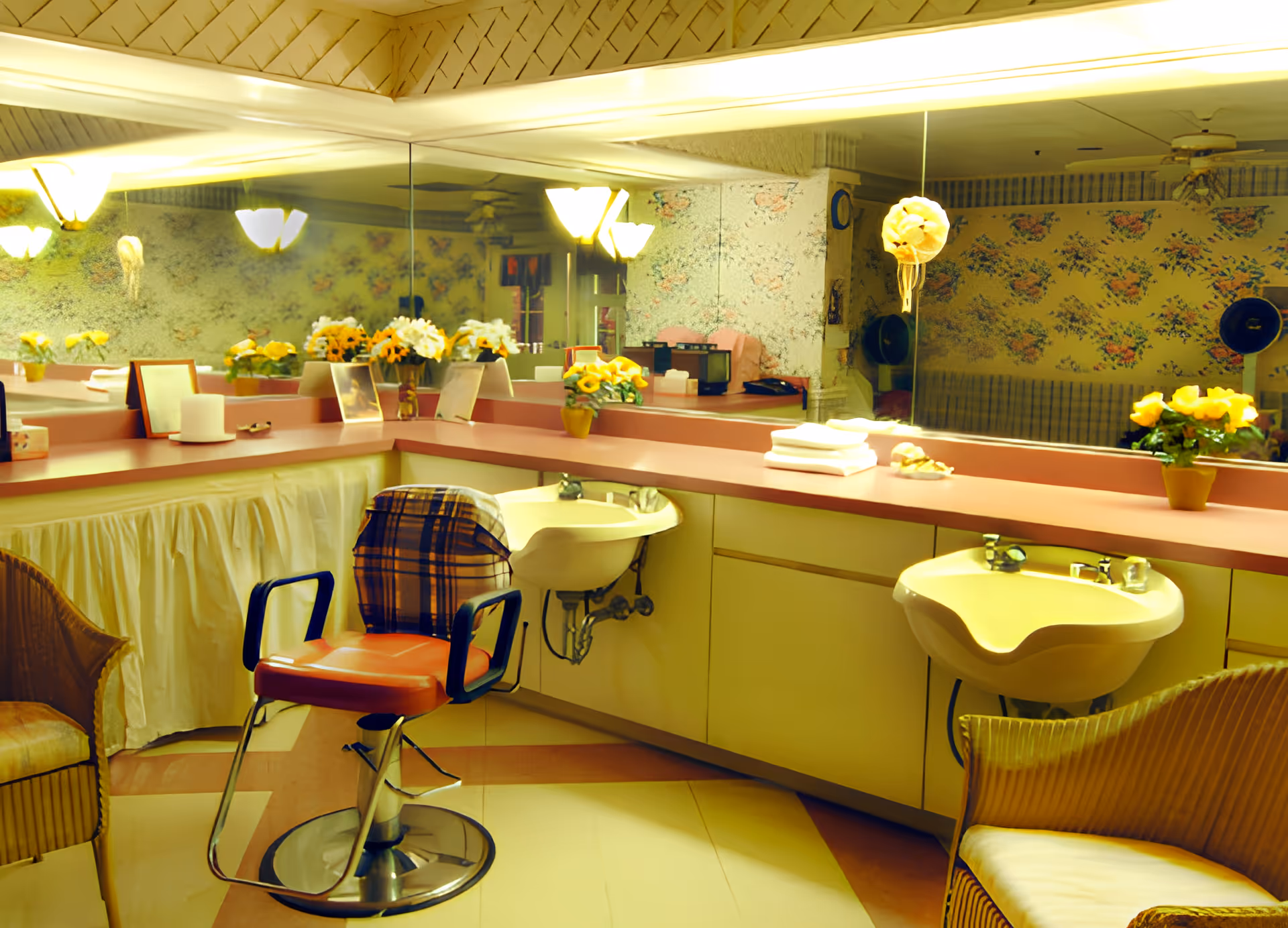 Interior of a salon or grooming area with a red and plaid salon chair, two sinks, a large mirror covering the wall, floral wallpaper, and various flower arrangements on the pink countertop.