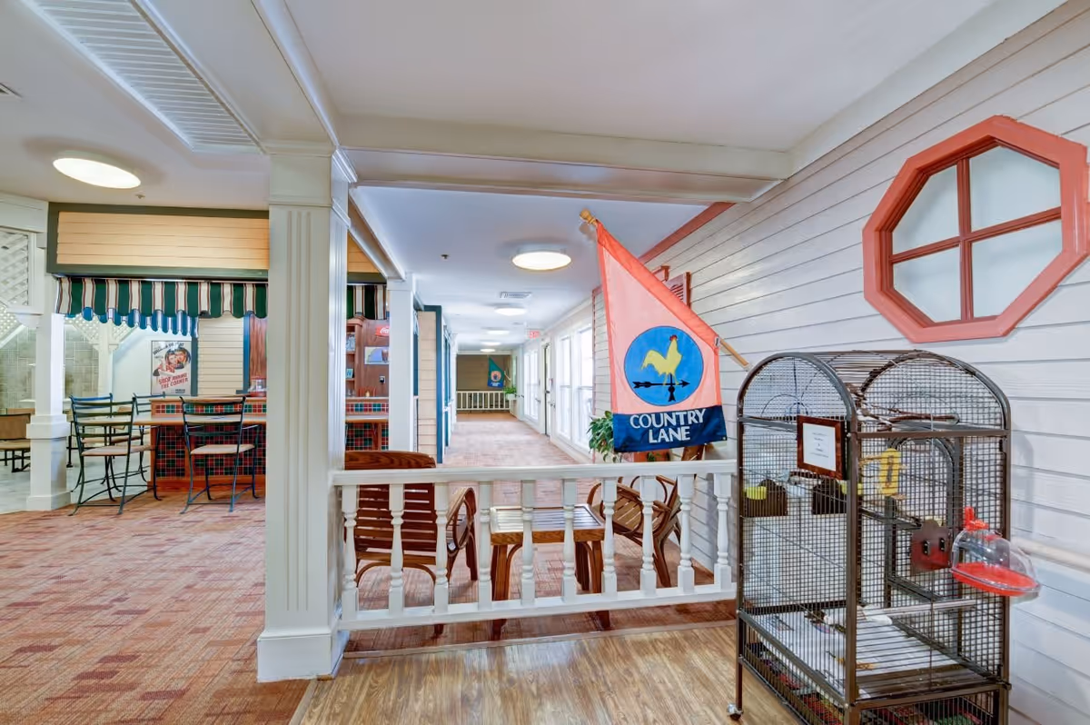 Interior view of a senior living facility hallway with a small seating area featuring wooden chairs and a table. A birdcage is visible on the right side, next to a wall with a red-framed octagonal window. A flag with a rooster and the words 'Country Lane' is hanging on the wall. The hallway extends into the distance with additional seating and decor visible.
