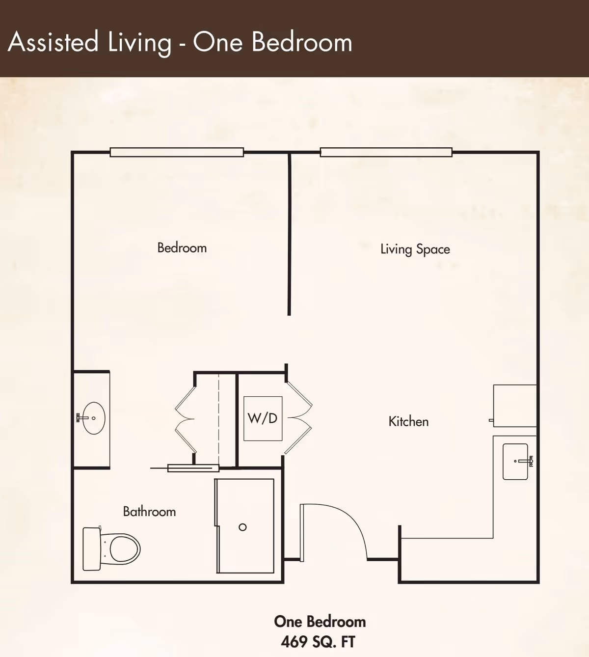 Floor plan layout of a one-bedroom assisted living apartment showing a bedroom, living space, kitchen, bathroom, and washer/dryer area, totaling 469 square feet.