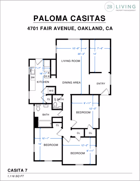 Floor plan of Paloma Casitas at 4701 Fair Avenue, Oakland, CA, showing layout of a unit with living room, dining area, kitchen, entry, one full bath, one half bath, and three bedrooms with closet spaces. Dimensions of rooms are indicated in feet and inches.