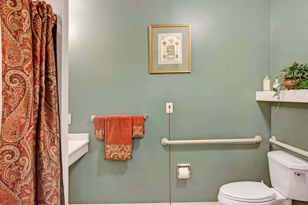 Bathroom with green walls featuring a toilet, grab bars, patterned shower curtain, and matching towels.